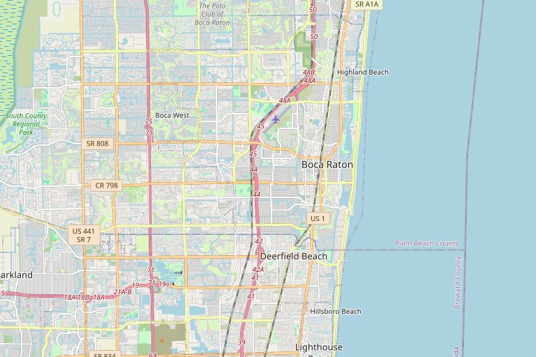 Map of the Deerfield Beach and Boca Raton area of South Florida